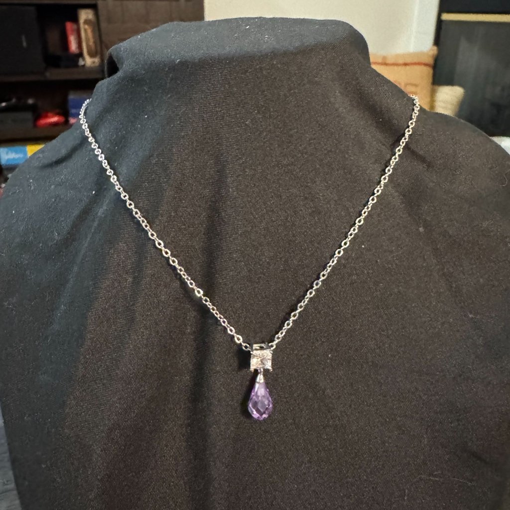 Laila Rowe Silver Tone Necklace W/Purple Teardrop & Clear Crystal Pendant 14
